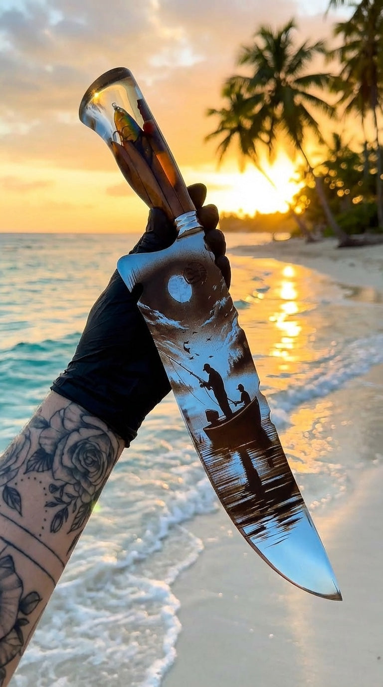 Faca Artesanal Premium “Pôr do Sol dos Pescadores” – Gravação em Alto Relevo